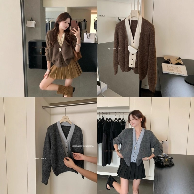 美拉德咖色撞色假兩件V領針織開衫女秋季高級感慵懶毛衣外套上衣