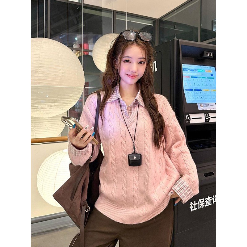 實價有貨慵懶風假兩件V領毛衣女2026年新款粉色針織衫氛圍感上衣