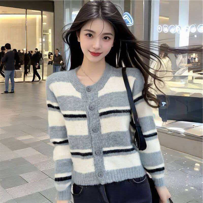 實拍 復古撞色條紋針織開衫女設計感軟糯加厚保暖毛衣短款外套