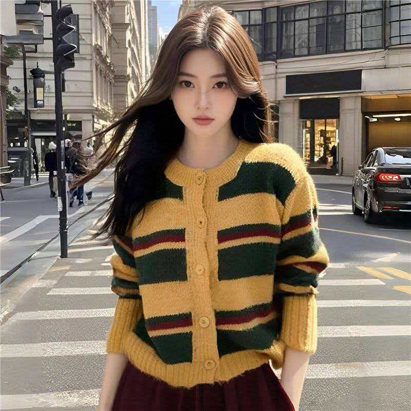 實拍 復古撞色條紋針織開衫女設計感軟糯加厚保暖毛衣短款外套