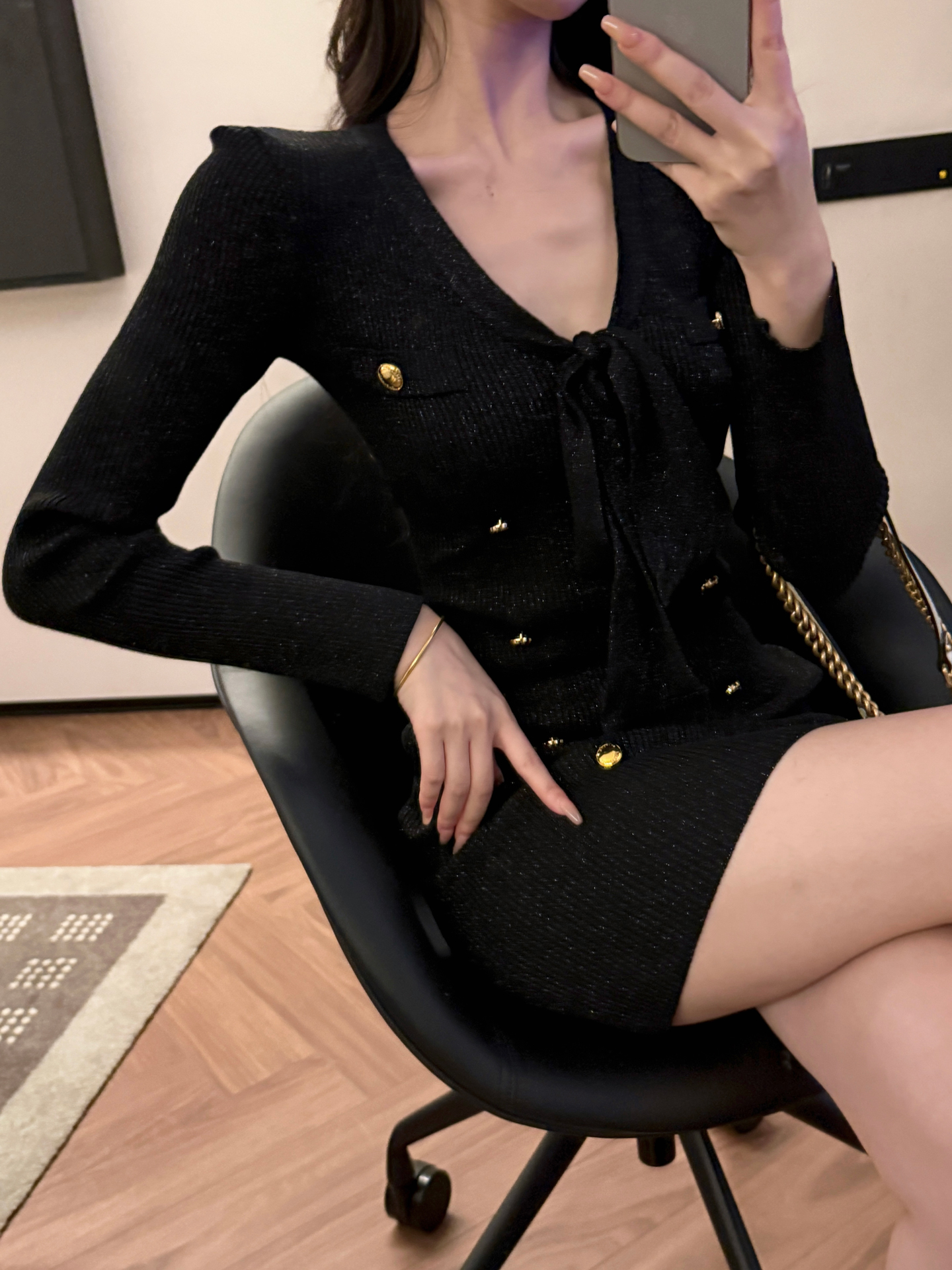 MY15498# 陈一丁Helee 气质小香风系带针织连衣裙收腰长袖打底包臀短裙女裝貨源服裝批發