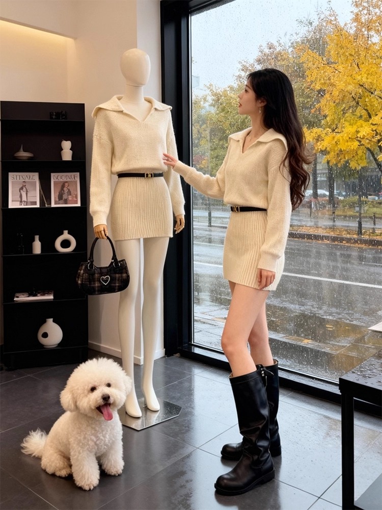 MY15502# 韩国POLO翻领OL针织毛衣连衣裙时尚流行收腰高级感气质短裙女裝貨源服裝批發