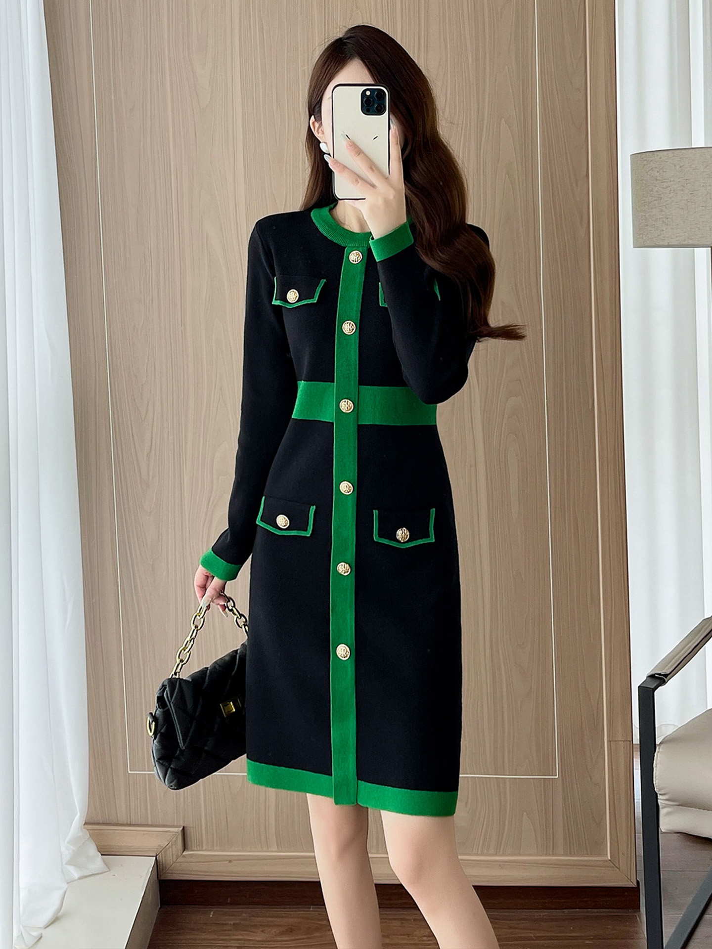 MY15496# 韩国高端气质针织撞色拼接圆领长袖毛衣连衣裙收腰显瘦打底裙女裝貨源服裝批發