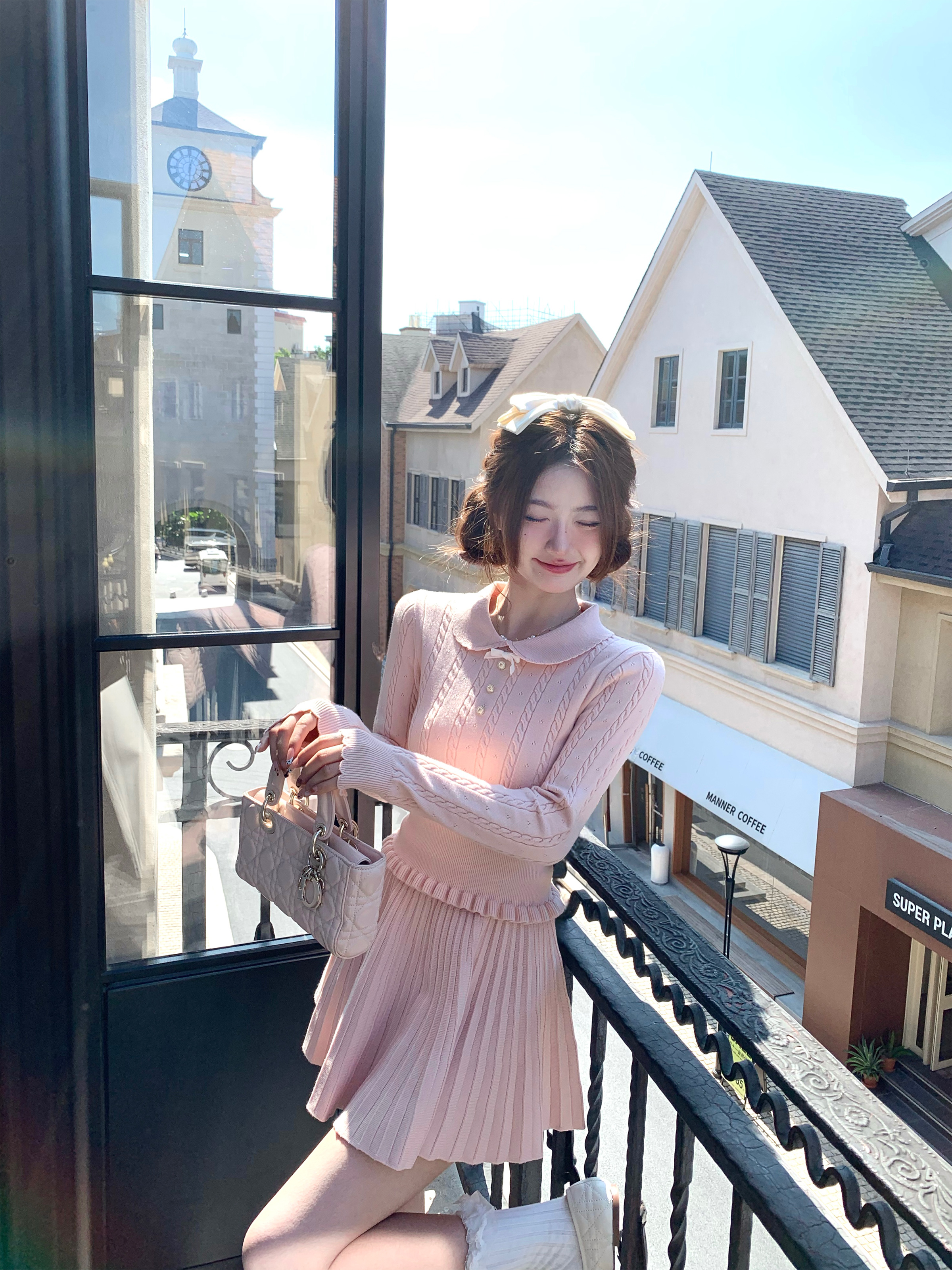 MY15774# 进修校花/千金感粉色长袖上衣针织毛衣超好看秋冬裙子套装女裝貨源服裝批發