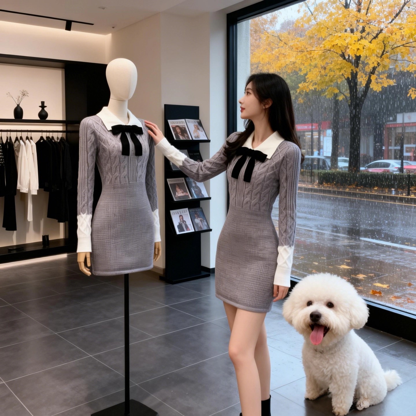 MY15772# 韩系学院风针织连衣裙蝴蝶结收腰显瘦高级感针织短裙子女裝貨源服裝批發