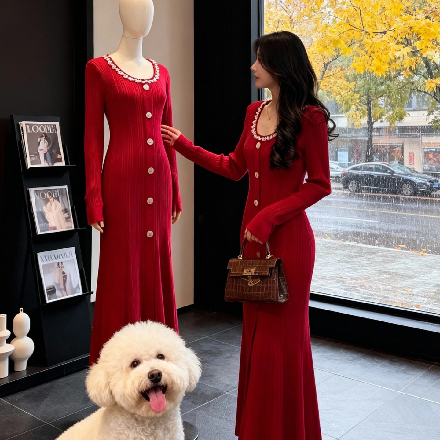 MY15780# 本命年法式针织连衣裙新款高级感洋气名媛气质流行长裙女裝貨...