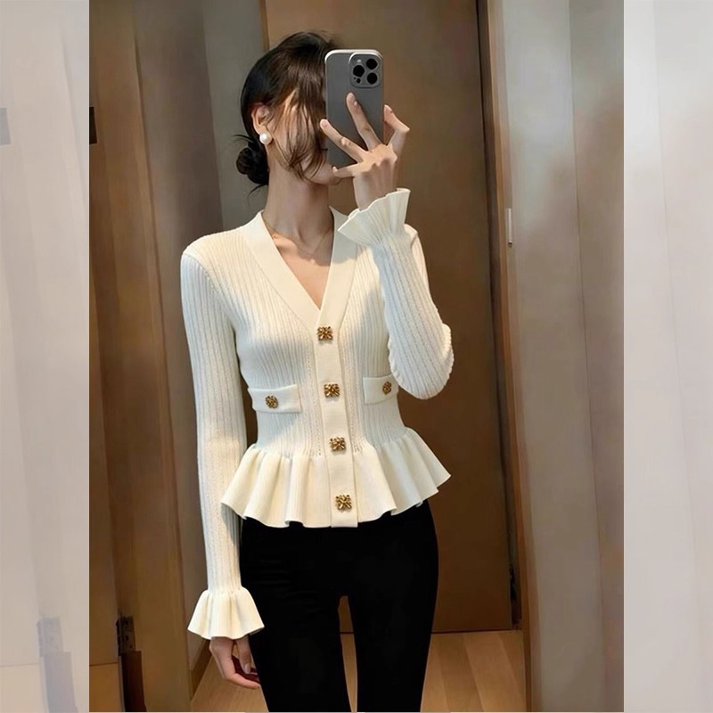 MY15777# 小香风V领荷叶边喇叭袖针织衫新款修身收腰独特漂亮上衣女裝貨源服裝批發