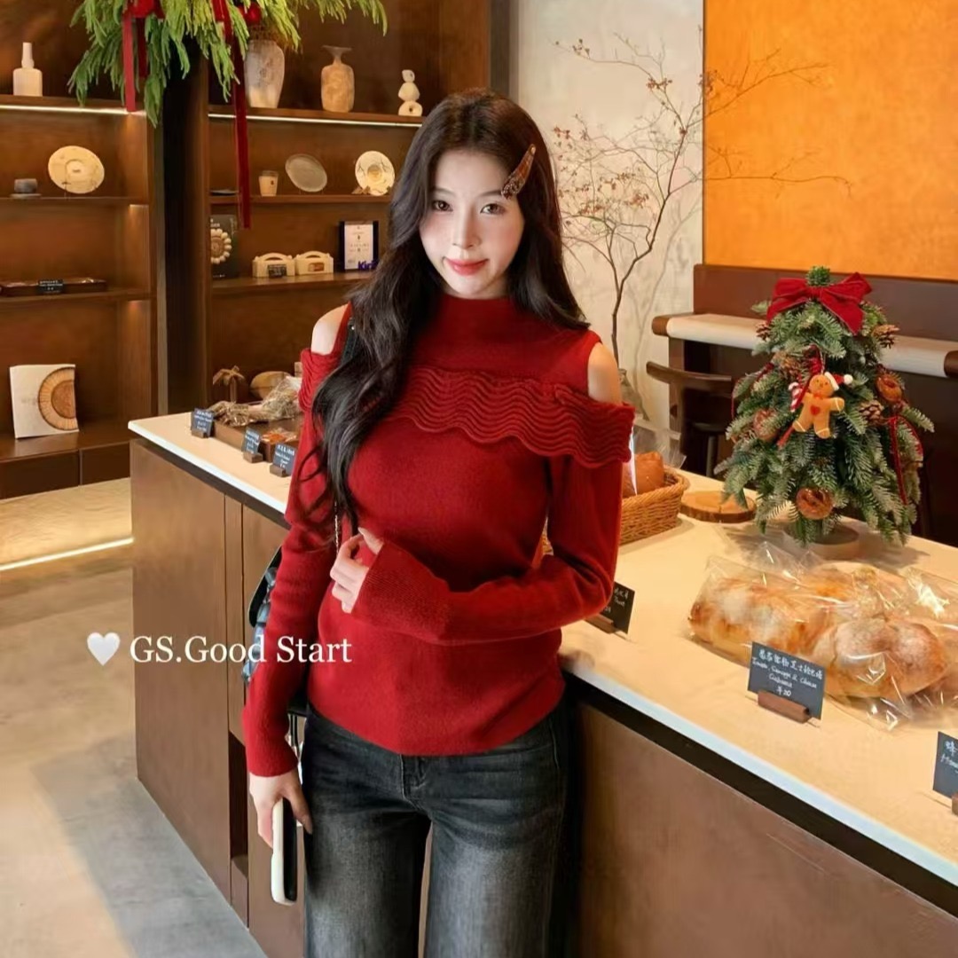 MY15776# 韩系气质设计感露肩针织上衣十三行新款半高领长袖打底衫女裝貨源服裝批發