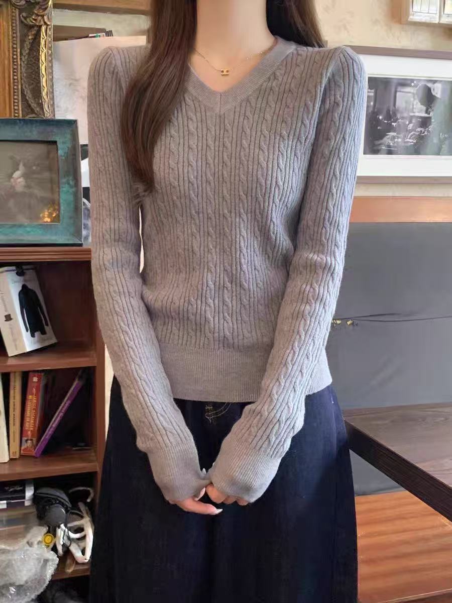 MY15775# V领麻花灰色长袖针织衫修身内搭毛衣韩系chic显瘦打底上衣女裝貨源服裝批發