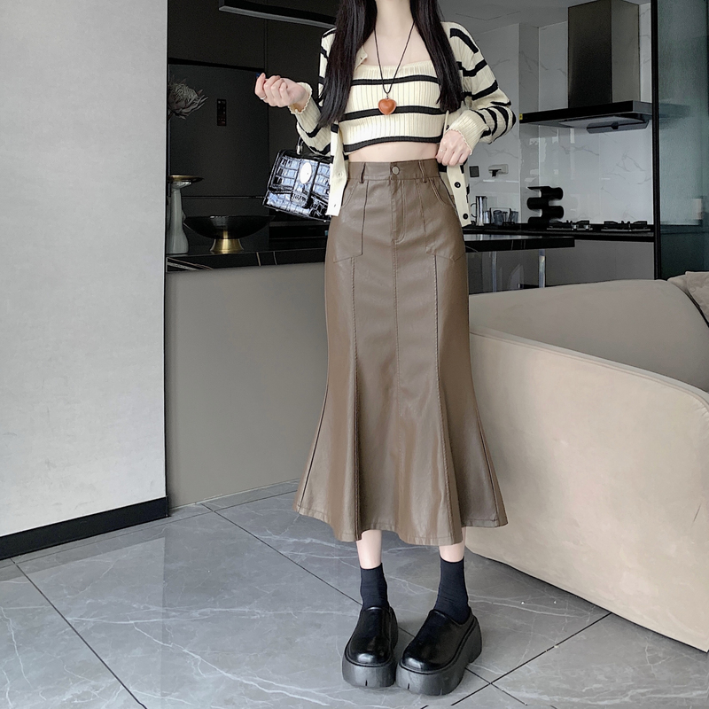 MY11923# 实拍鱼尾裙半身裙女秋季皮裙2025新款高腰包臀裙A字裙裙...