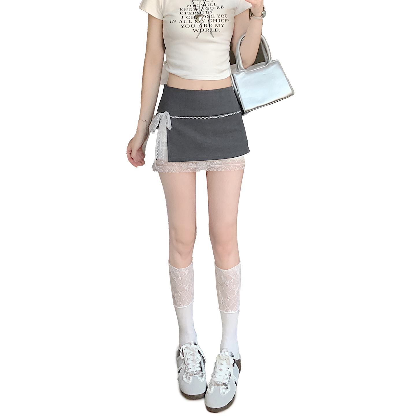 實拍 2026春夏性感甜妹蝴蝶結蕾絲包臀A字顯瘦超低腰露臍短裙女