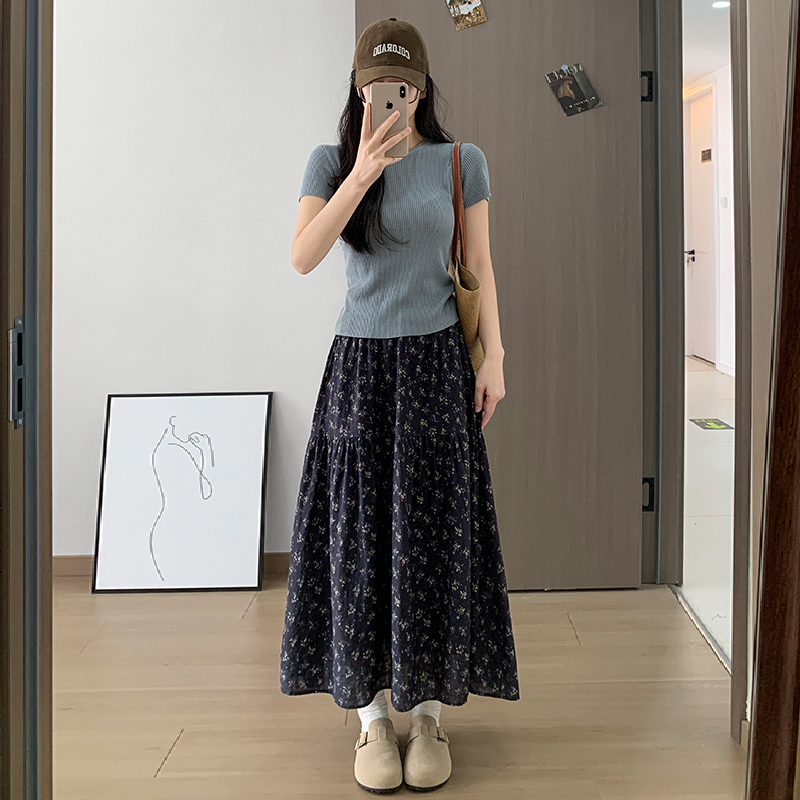 實拍森系碎花裙女春夏高腰寬松顯瘦a字蛋糕裙休閑百搭中長款傘裙