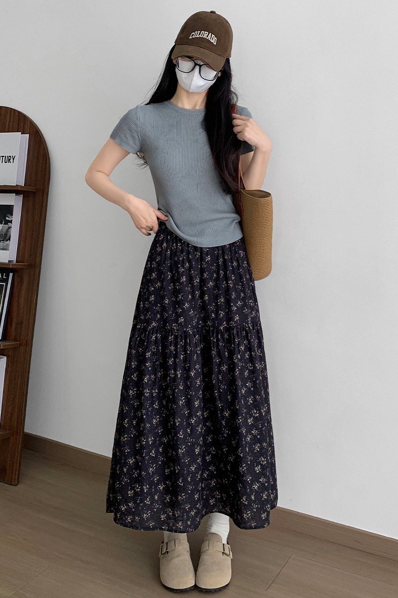 實拍森系碎花裙女春夏高腰寬松顯瘦a字蛋糕裙休閑百搭中長款傘裙