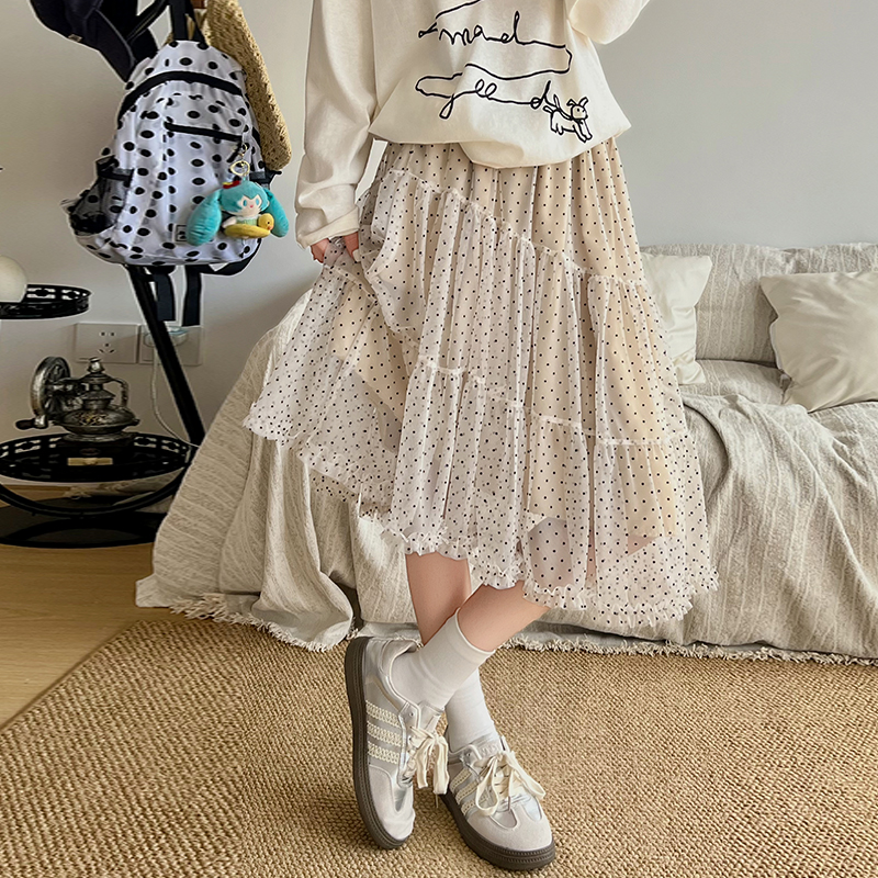 實拍法式重工不規則蕾絲網紗杏色蛋糕蓬蓬中裙女波點韓系半身裙