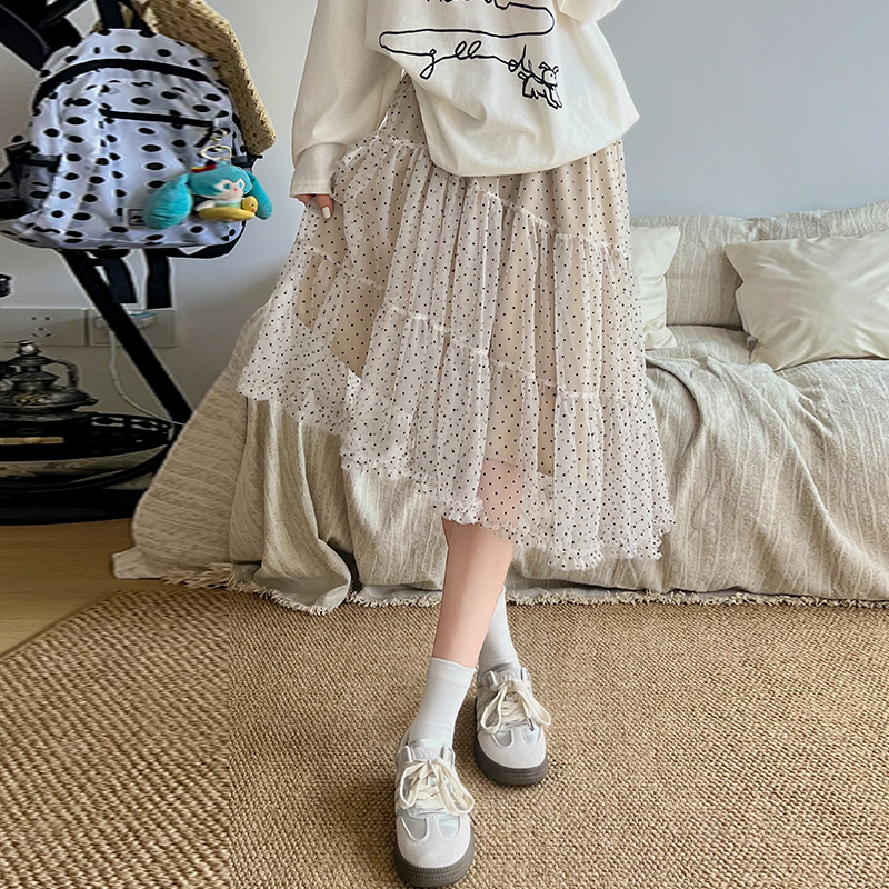 實拍法式重工不規則蕾絲網紗杏色蛋糕蓬蓬中裙女波點韓系半身裙