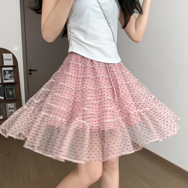 實拍2026粉色波點蛋糕裙女夏季小個子A字中裙高腰顯瘦蓬蓬半身裙
