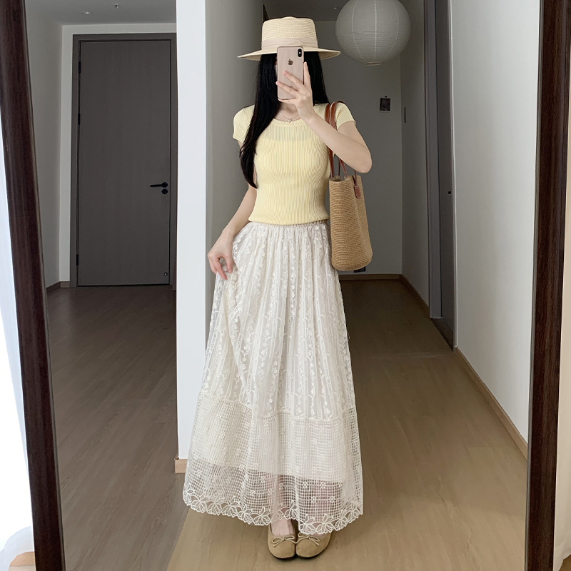 實拍法式蕾絲半身裙女春夏季高腰顯瘦氣質鏤空長裙a字網紗半身裙