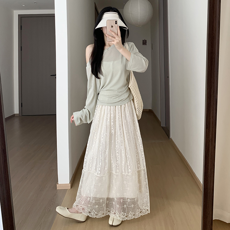 實拍法式蕾絲半身裙女春夏季高腰顯瘦氣質鏤空長裙a字網紗半身裙