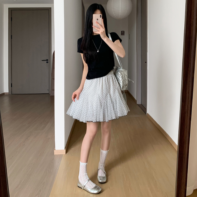 荷葉邊波點網紗蛋糕短裙 女夏季高腰顯瘦A字半身裙甜美芭蕾風中裙