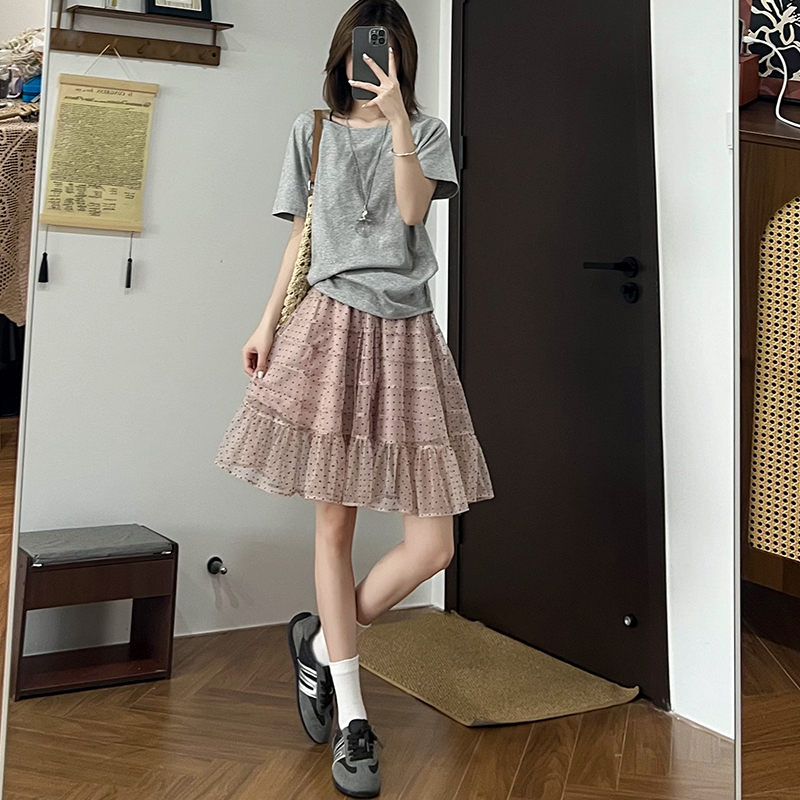 實拍粉色波點蛋糕裙女夏季2026新款小個子A字中裙蓬蓬裙辣妹短裙