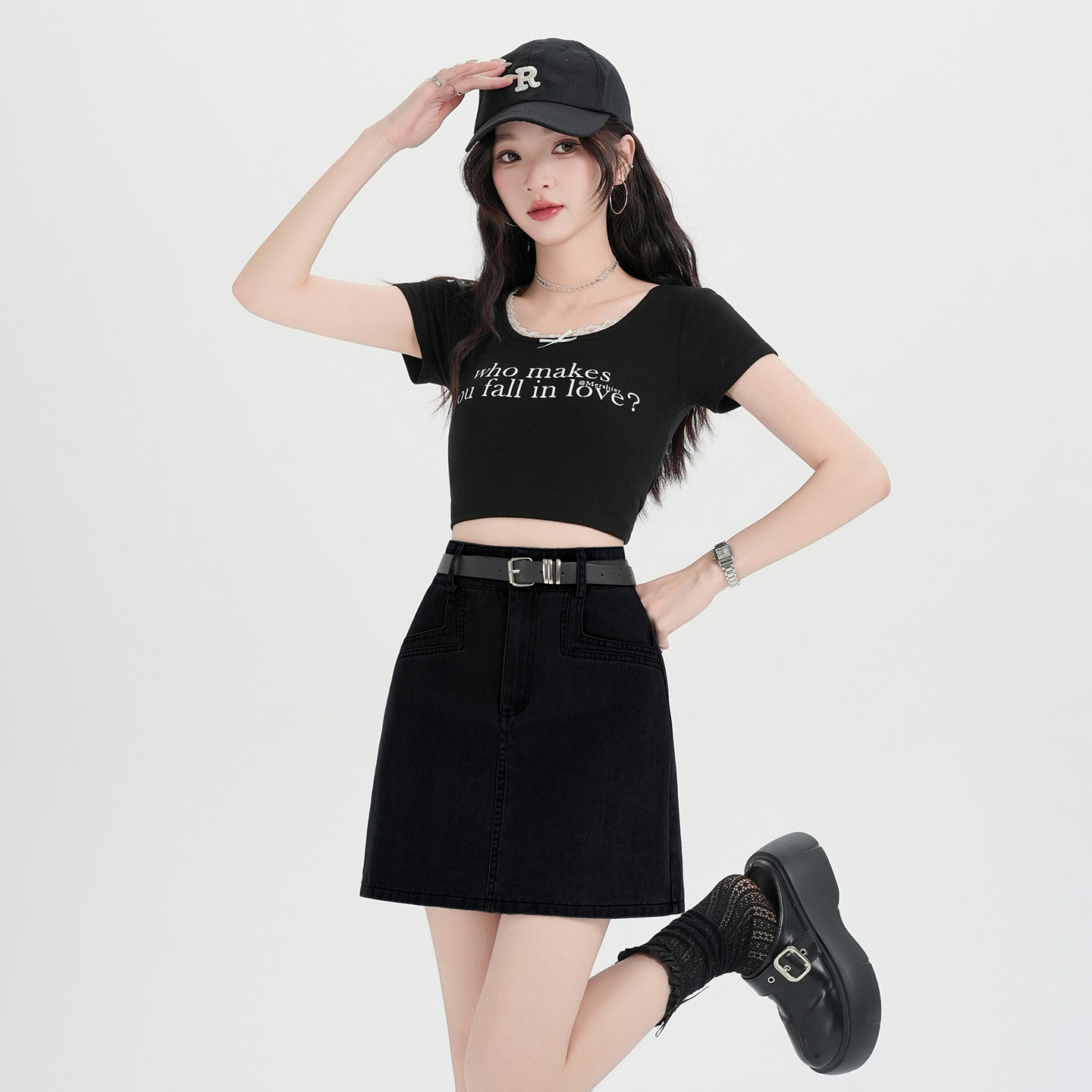 實拍韓版辣妹水洗工裝牛仔裙包臀半身裙女春夏百搭A字短裙送腰帶