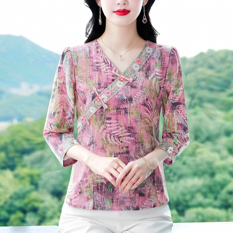 MY12522#夏季复古国风短袖翻领印花宽松显瘦修身大码上衣女女裝貨源服裝...