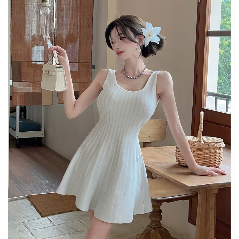 MY11048# 法式甜美蓬蓬裙重工银丝收腰显瘦针织连衣裙女夏季A字短裙子...