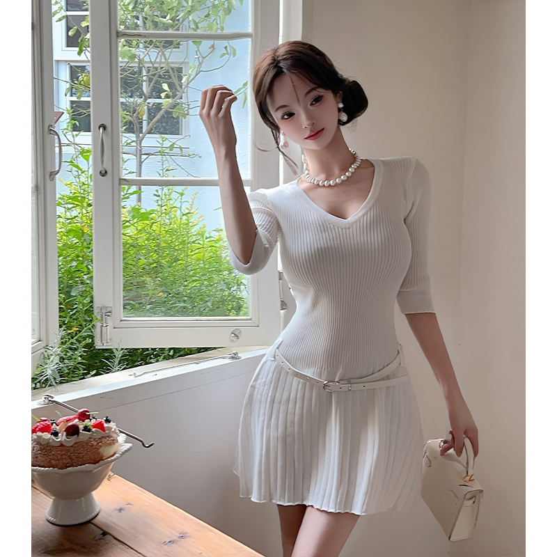 MY11046# v领中袖腰带针织裙女夏季辣妹复古修身显瘦百褶连衣裙短裙子...