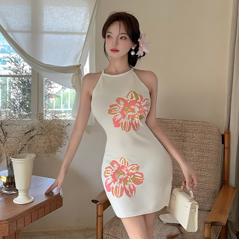 MY11041# 法式惊艳气质白色印花无袖针织连衣裙小香风独特修身包臀短裙...