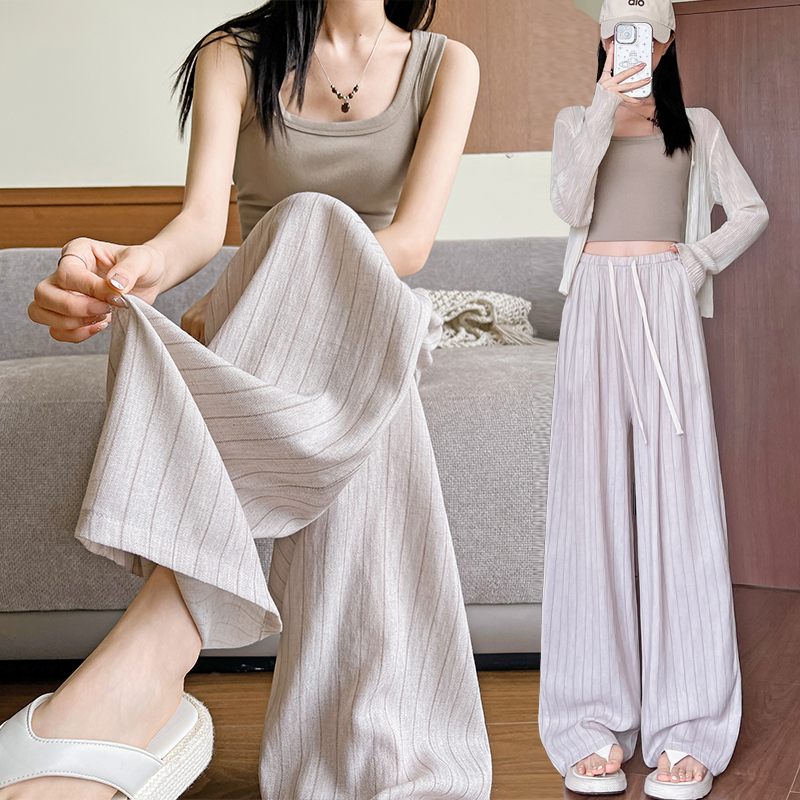 MY11189# 条纹印花简单百搭宽松显瘦窄版夏季减龄透气休闲长裤女女裝貨...