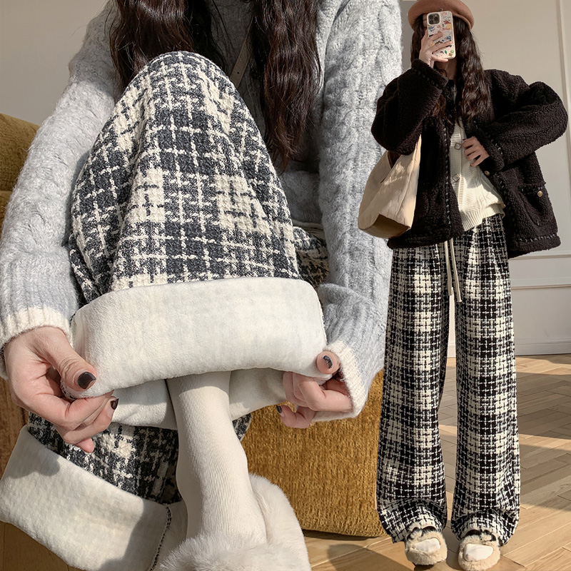 MY14426# 优质版加绒保暖一件过冬千鸟格显瘦窄版休闲长裤女女裝貨源服裝批發