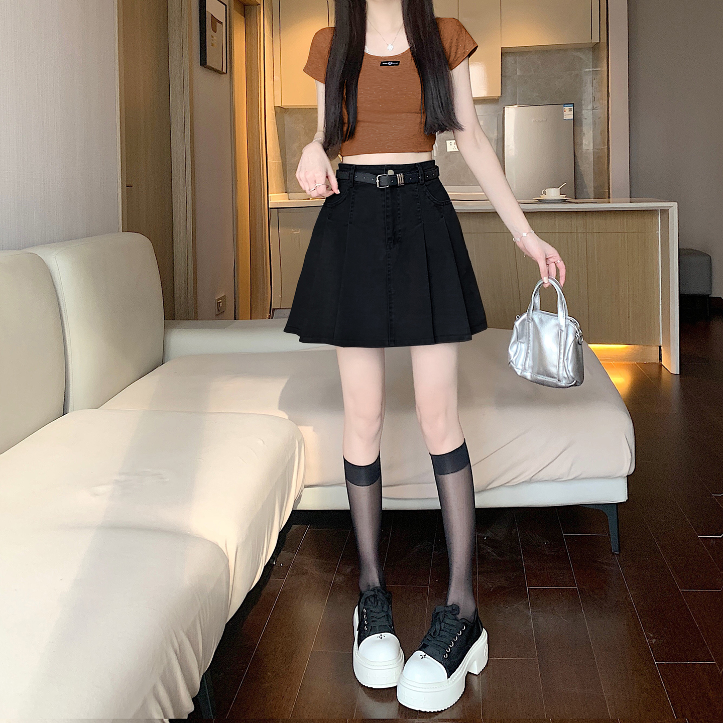 實拍百褶裙半身裙女新款高腰牛仔裙短裙A字裙包臀裙裙子半裙潮