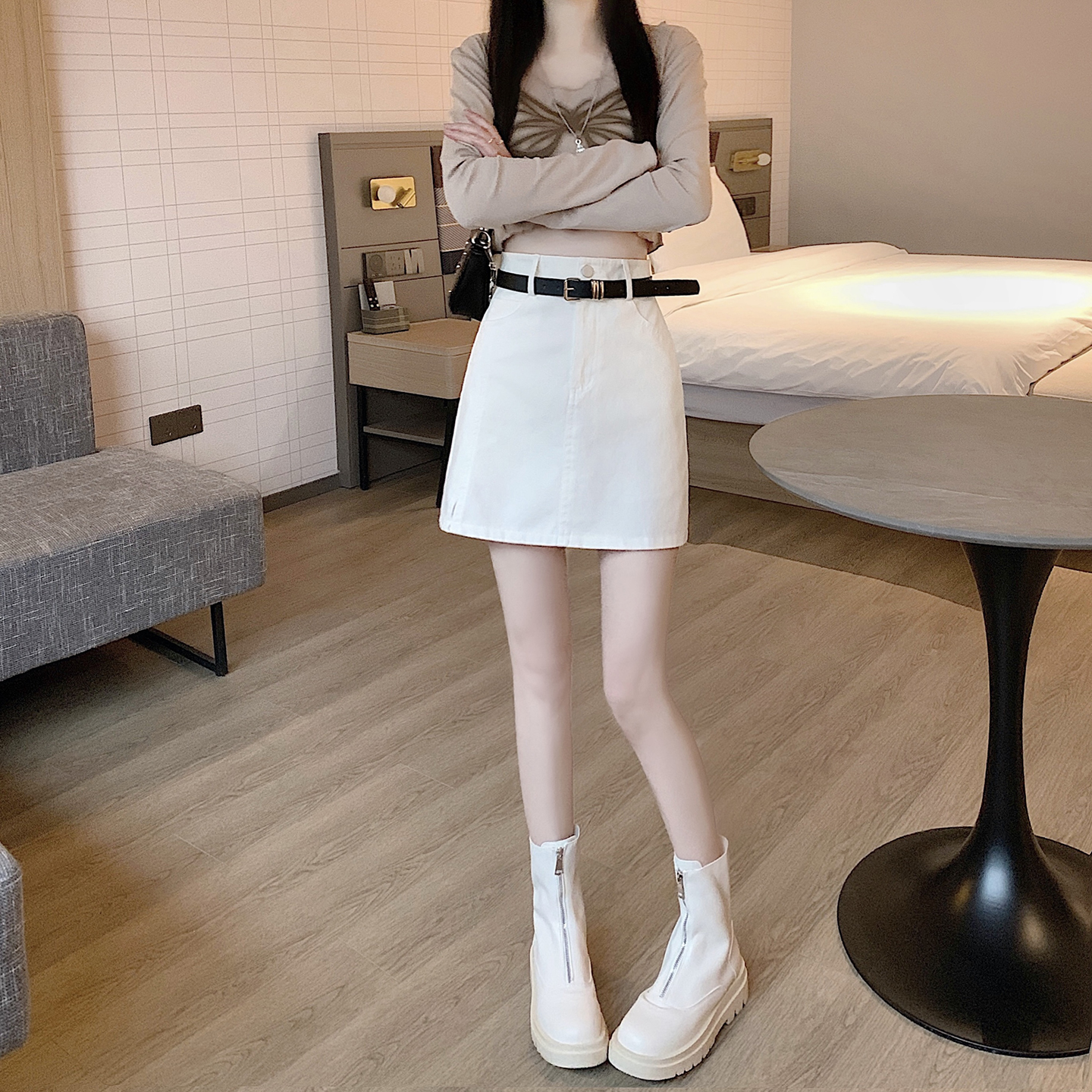 實拍時尚高級感新款夏季煙灰色A字下角開叉百搭大碼牛仔半身短裙