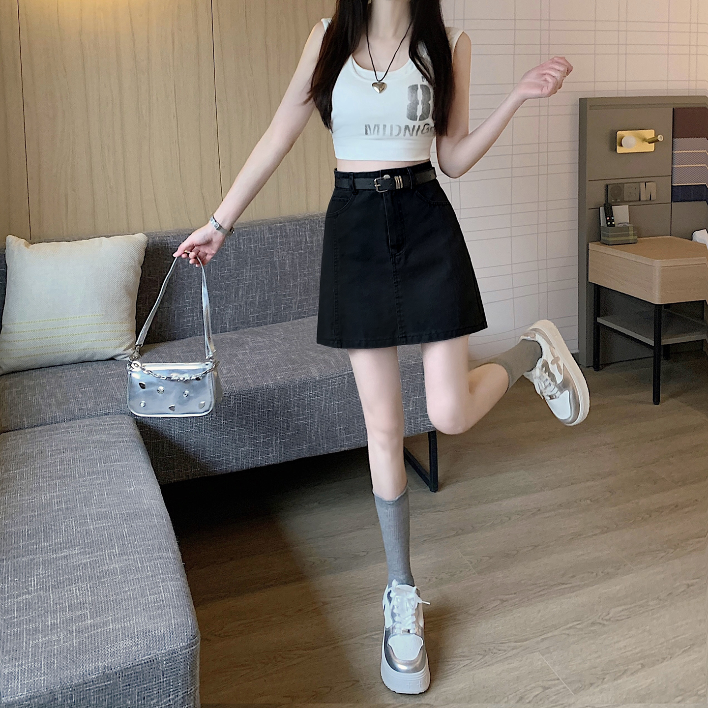 實拍時尚高級感新款夏季煙灰色A字下角開叉百搭大碼牛仔半身短裙