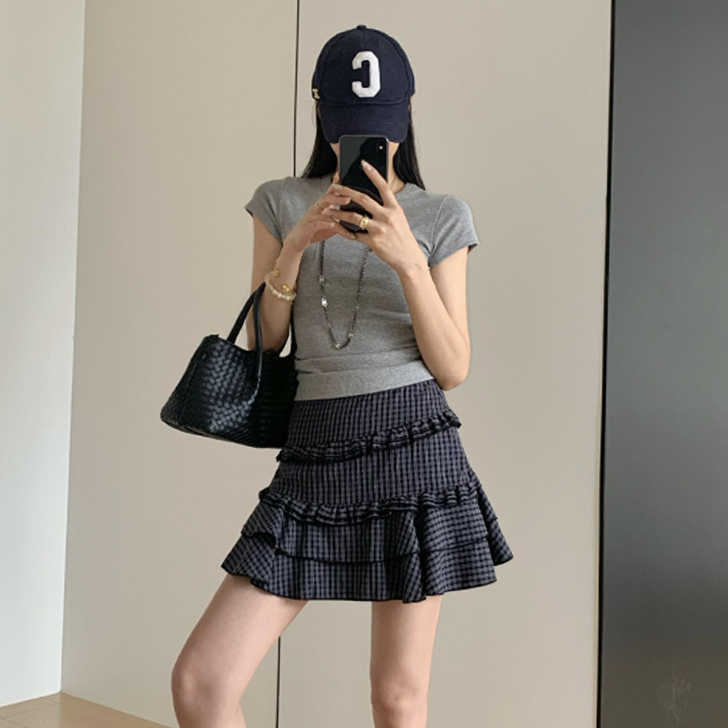 實拍設計感格紋花邊蛋糕短裙女夏季高腰百搭A字裙遮胯顯瘦半身裙