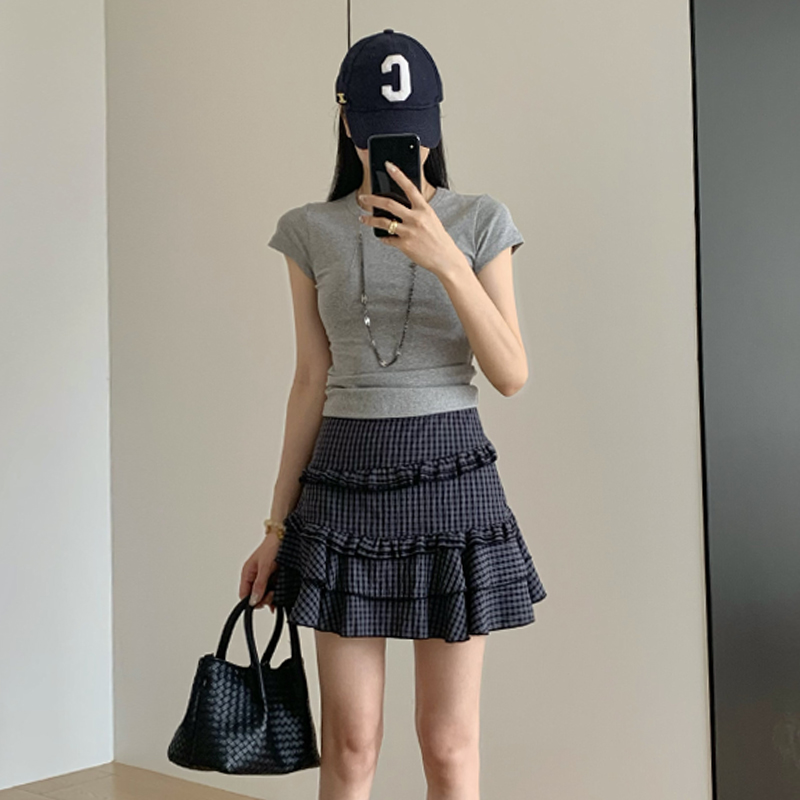 實拍設計感格紋花邊蛋糕短裙女夏季高腰百搭A字裙遮胯顯瘦半身裙