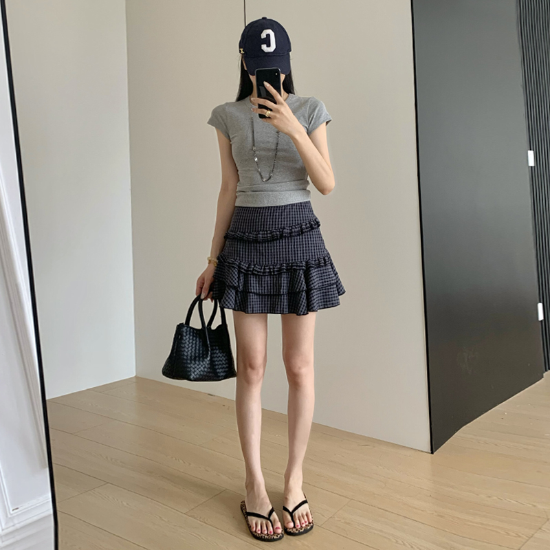 實拍設計感格紋花邊蛋糕短裙女夏季高腰百搭A字裙遮胯顯瘦半身裙