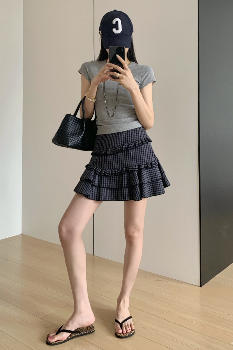 實拍設計感格紋花邊蛋糕短裙女夏季高腰百搭A字裙遮胯顯瘦半身裙