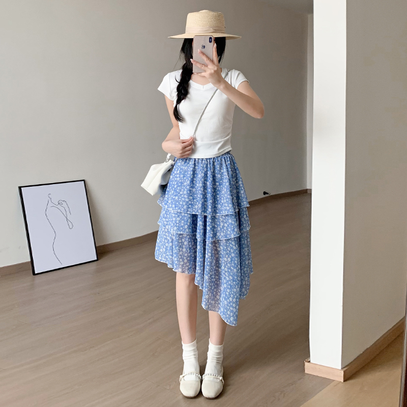 藍色碎花a字半身裙女春夏 松緊腰顯瘦不規則蛋糕裙韓系度假風長裙