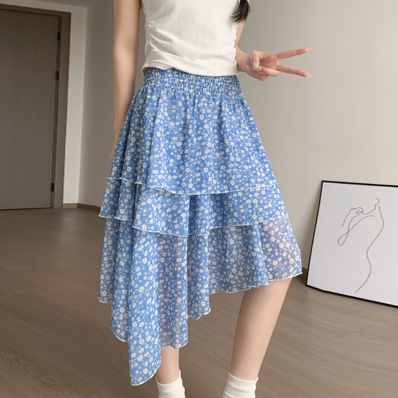 藍色碎花a字半身裙女春夏 松緊腰顯瘦不規則蛋糕裙韓系度假風長裙