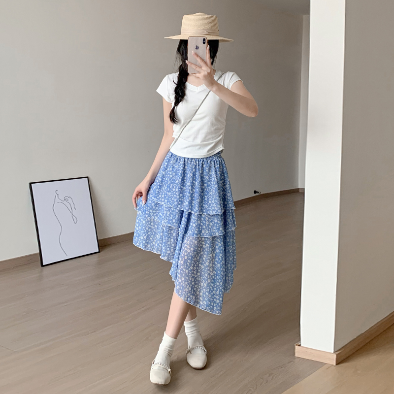 藍色碎花a字半身裙女春夏 松緊腰顯瘦不規則蛋糕裙韓系度假風長裙