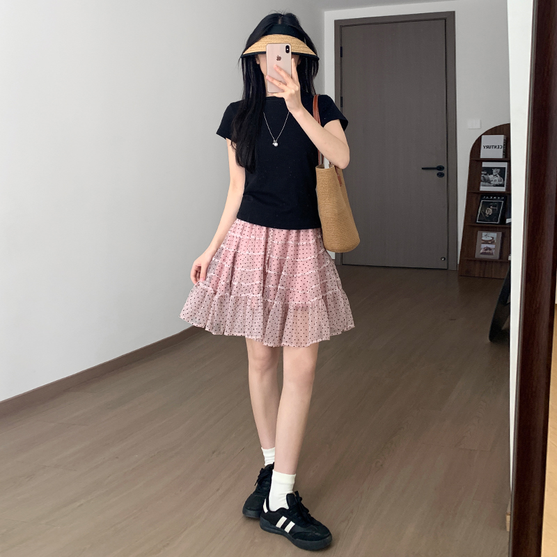 實拍2026粉色波點蛋糕裙女夏季小個子A字中裙高腰顯瘦蓬蓬半身裙