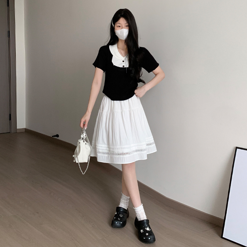 實拍鏤空半身裙女夏季高腰寬松百搭蕾絲顯瘦中裙小個子學院風短裙