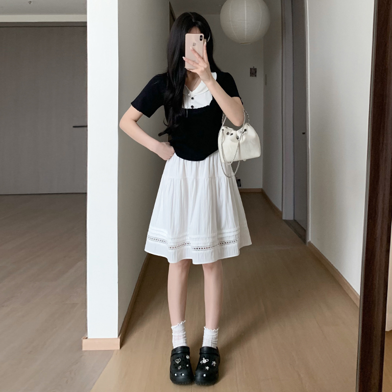實拍鏤空半身裙女夏季高腰寬松百搭蕾絲顯瘦中裙小個子學院風短裙