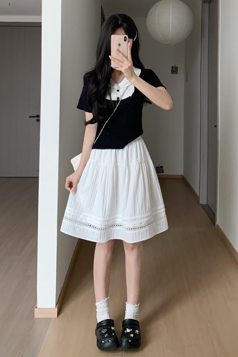 實拍鏤空半身裙女夏季高腰寬松百搭蕾絲顯瘦中裙小個子學院風短裙