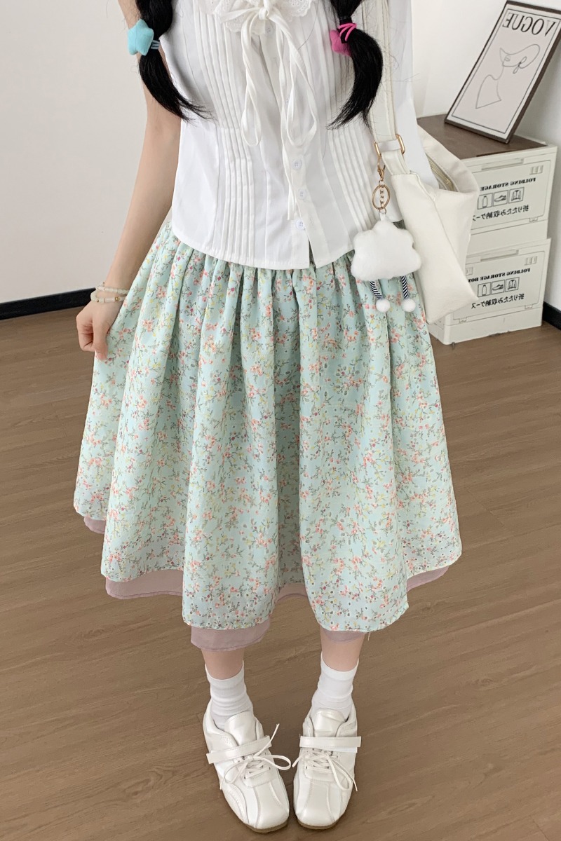 實拍2026夏季絕美綠色提花氣質碎花半身裙田園風松緊腰中裙女