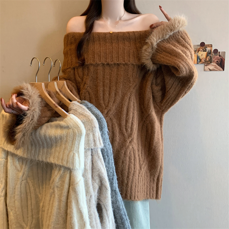 MY14524# 大码胖mm新款慵懒感纯欲露肩一字领麻花大毛衣上衣女女裝貨源服裝批發