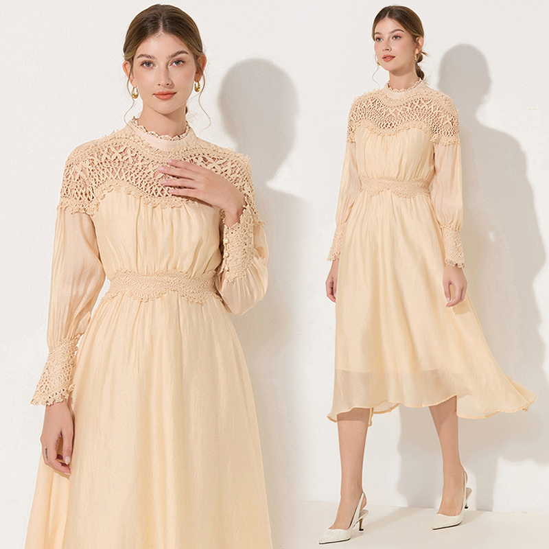 RY786# 秋季时立领复古灯笼袖拼接镂空波浪花边收腰大摆连衣裙