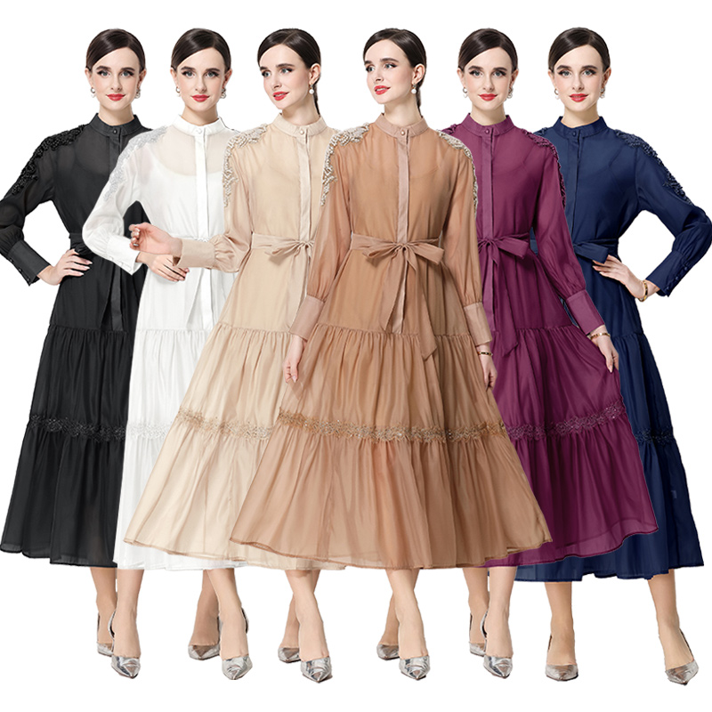 RY783# 2026春夏新款圆领单排扣复古刺绣钉珠宽松长裙连衣裙配腰带