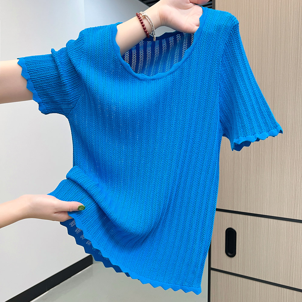 MY12766# 夏季蓝色镂空波浪边冰丝t恤女上衣女裝貨源服裝批發